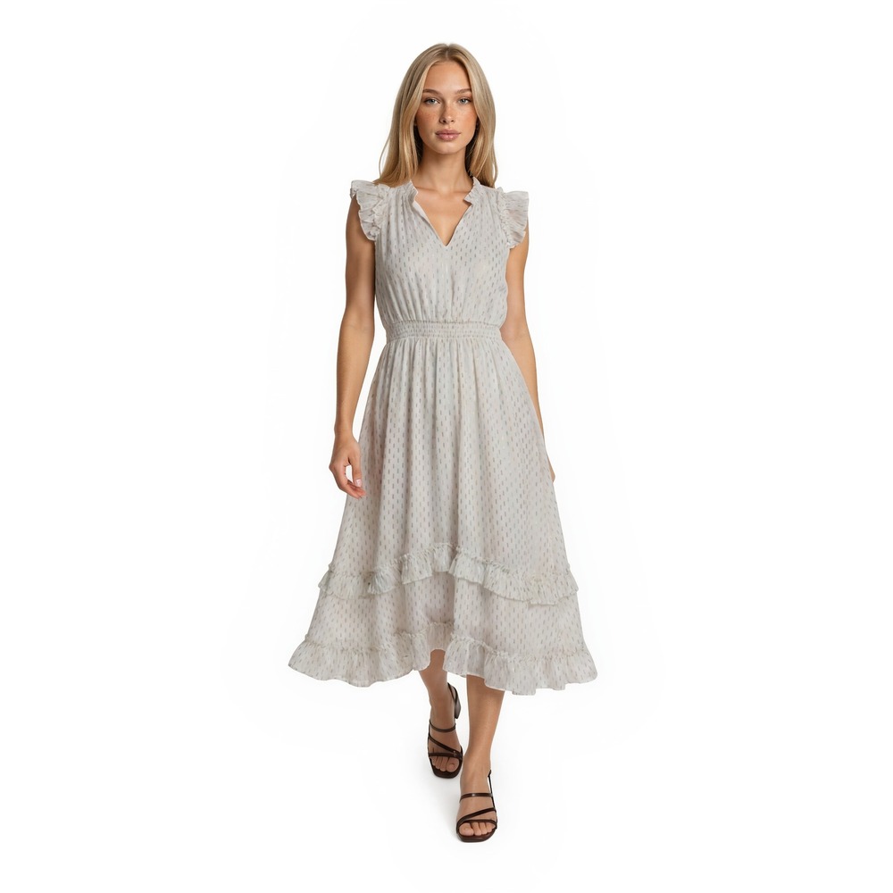 Shoshanna Midi Dress Women's Size 2 White Rainbow Metallic Ruffle Smocked